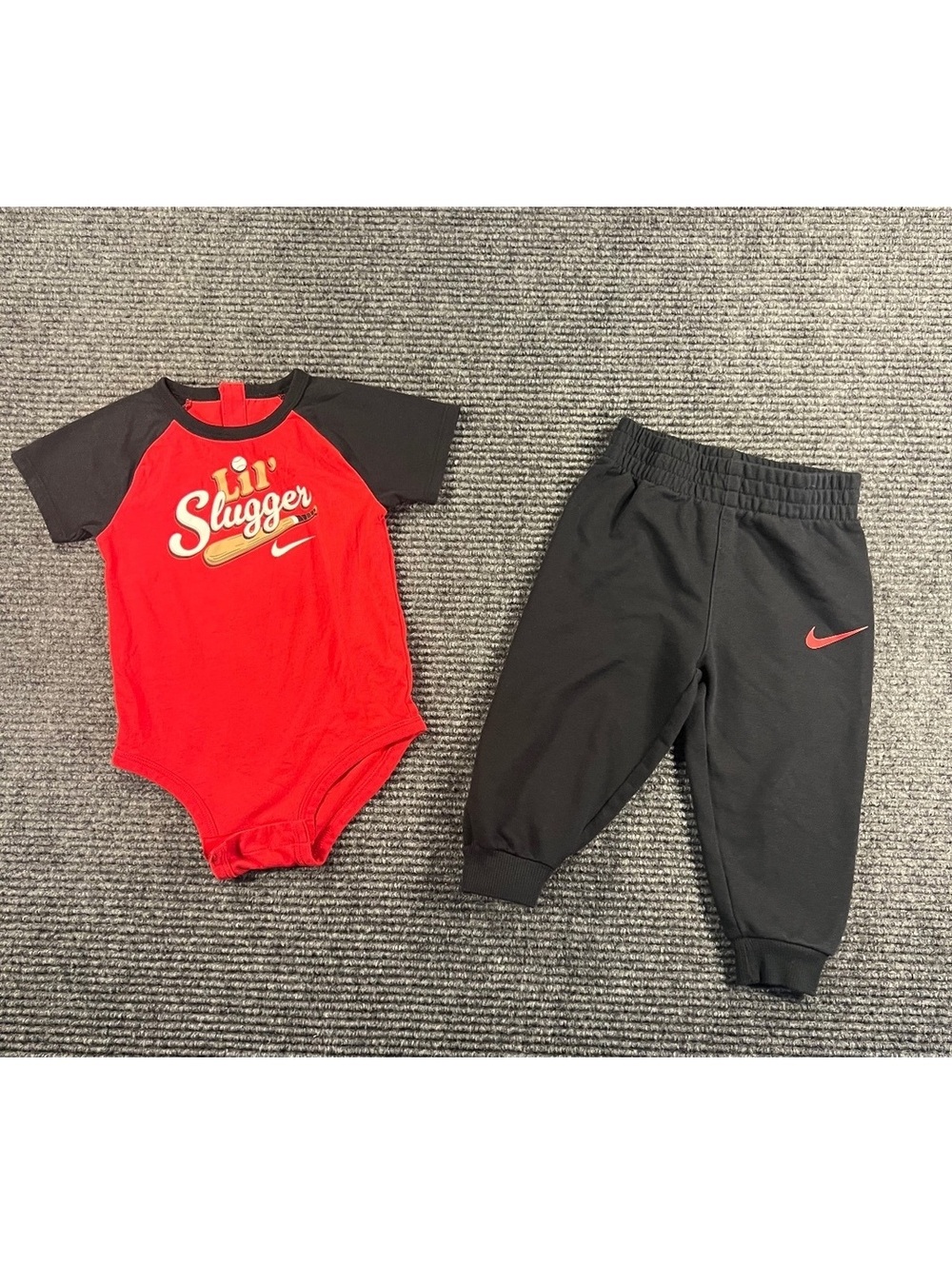 Nike Baby Lil' Slugger Red and Black Bodysuit with Black Sweatpants Set Size 18M